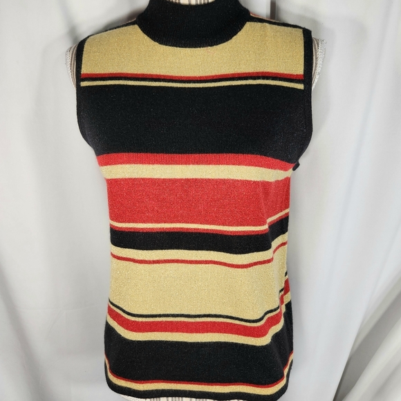 Sag Harbor Red Black Gold Stripe Sparkly Mock Turtleneck Sleeveless Top Size MP - Picture 1 of 8